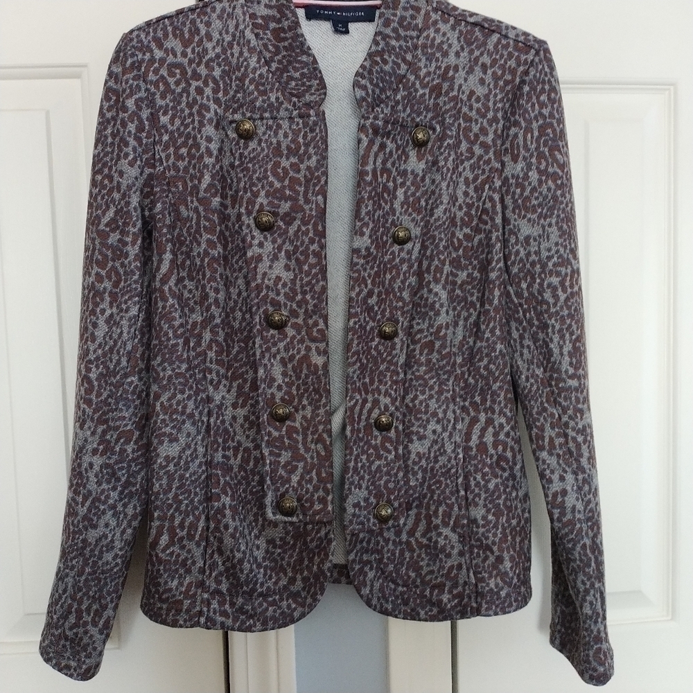 Tommy Hilfiger Animal Print Military Style Open Front Jacket Blazer M - Picture 2 of 11